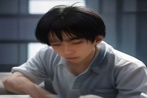 妈妈的朋友第3部男主角，二十五岁左右的年轻男性，表情沉静内敛，穿简单白衬衫站在公寓走廊，灯光偏冷